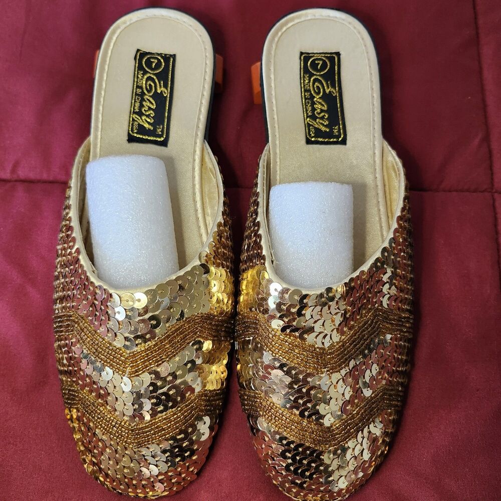 Vintage Easy USA Sequin Beads Mule Slides Y2K Satin Slippers Sz 7 NIB - Picture 2 of 11
